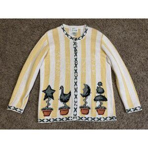 QUACKER FACTORY Yellow White Stripe Cardigan Garden Duck Embroidered MEDIUM READ